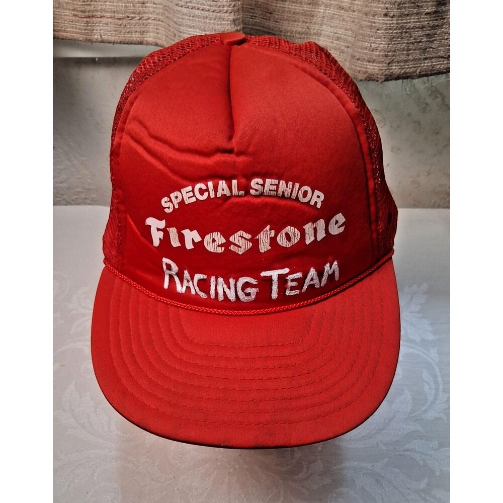 Vintage Firestone Special Senior Racing Team Red Mesh Trucker Hat Cap Snapback
